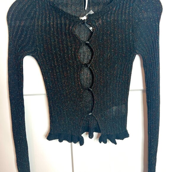 Free People Erica Lurex Metallic Ribbed Black Y2K Coquette Girl Cardigan NWOT XS - Picture 6 of 8